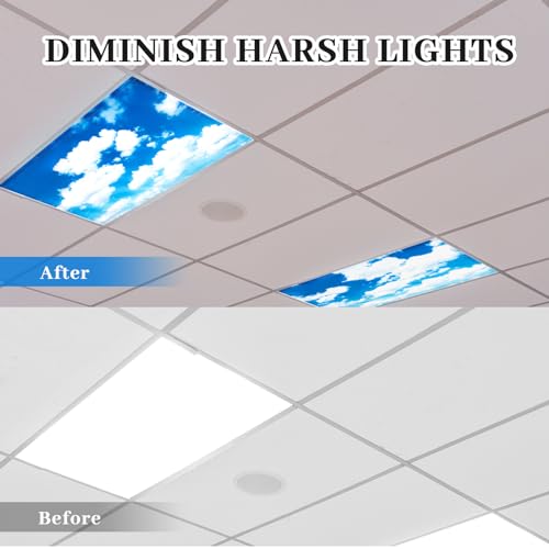 Image of ROCEEI Pack of 4 Fluorescent Light Covers for Ceiling Lights, 4 x 2 Ft, Magnetic Light Covers for Classroom Office Home School Ceiling Decor(Blue Sky White Clouds)