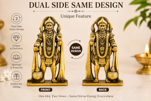 Image of Small Unique Blessing Hanuman Idol with Double-Sided Design|Bajrangbali Statue for Gifting|Premium Hanuman Ji Murti for Mandir,Desk,Home Decor.(Pack of 01)(3.5L*6H*1.5W cm) (Golden)