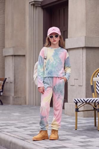 Image of Arshiner Girls 2 Piece Outfits Kids Tie Dye Sweatsuits Set Long Sleeve Shirt and Pants Set Size 5-14 Y