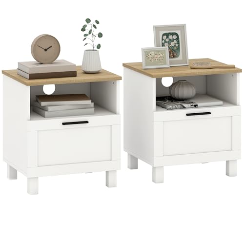 HOMCOM Juego de 2 Mesitas de Noche Modernas, Mesillas de Noche con Cajón, Compartimento Abierto, Patas de Madera, Mesa Auxiliar para Salón, Dormitorio, 45x38x50 cm, Blanco