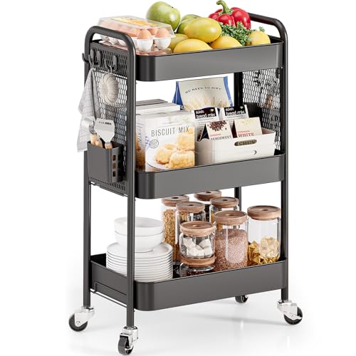 Urackify Chariot de Rangement à roulettes 3 Niveaux avec Boîtes Suspendues et Crochets - Chariot...