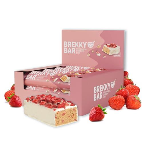 Brekky Bar Erdbeer Proteinriegel Vegan 11g pflanzliches Protein pro Riegel ohne Zuckerzusatz 100% vegan & natürlich High Protein Riegel mit Datteln Mandeln & Erdbeeren