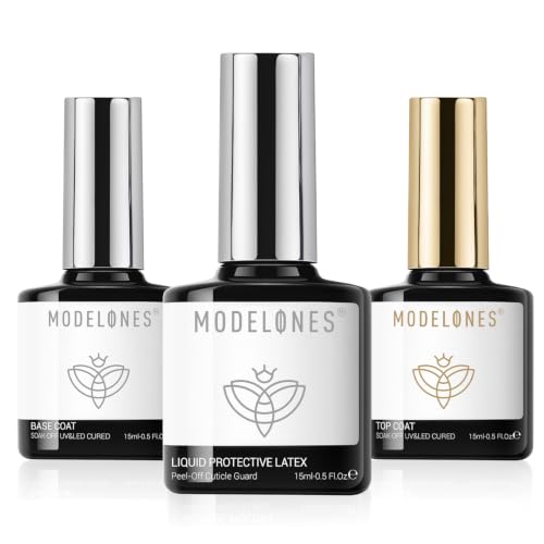 Image of modelones Gel Base Top Coat Set with Liquid Protective Latex for Nails | Suitable for beginners Peel Off Barrier & High Shine Clear Gel Nail Polish Long Lasting Soak Off U V Cure Manicure Kit