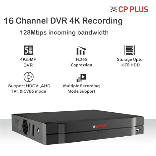 Image of CP Plus 16 Channel DVR | 4K Ultra HD Recording | H.265+ Compression | AI Functions | SMD Plus | HDMI /VGA Output | 16TB HDD Support | Remote Mobile App View [CP-UVR-1601L1N-4KI-V2]