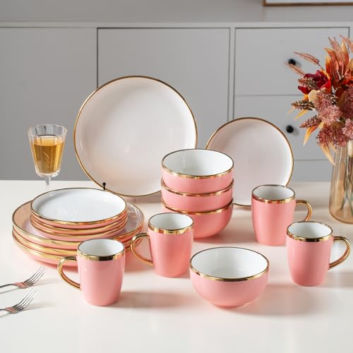 Juego de vajilla de piedra mediterránea, juego de platos con taza de café, elegante juego de placas, fabricado con porcelana de alta calidad, rosa Glod