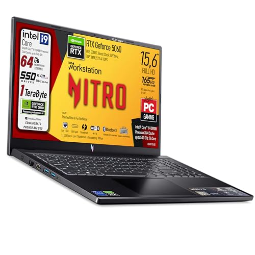 Notebook Gaming Nitro, Intel Core i9-13900H, fino a 5,4GHz, NVIDIA GeForce RTX 5060 8Gb GDDR7, RAM 64Gb, SSD 1Tb, 15.6" FHD IPS 165Hz, Wi-Fi 6e, Thunderbolt 4.0, Win 11 Pro, ready to use - Notebook - Immagine 2