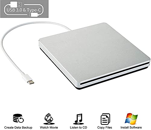Aouan Zewnętrzny odtwarzacz CD DVD USB C CD DVD przenośny nagrywarka cienki odtwarzacz CD DVD do MacBooka Pro/Air/Mac/laptopa/Windows7/Windows8/Windows10 (srebrny)