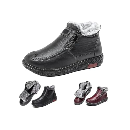 Women's Winter Waterproof Non-Slip Thick Plush Fur Lined Ankle Snow Boots,Mama Cotton Leather Shoes with Zipper