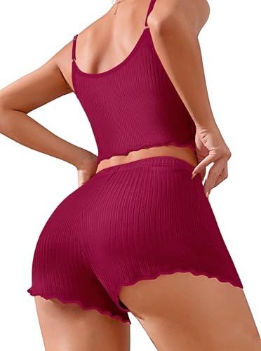 Image of Hilinker Womens Graphic Print Ribbed PJ Set Crop Cami Tops and Shorts Cute Pajamas Set
