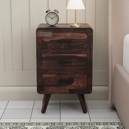 Image of DRIFFTINGWOOD Alicia Solid Sheesham Wood Handcrafted Bedside Table End Table or Nightstand with 3 Drawers, Lamp Table, Walnut Finish