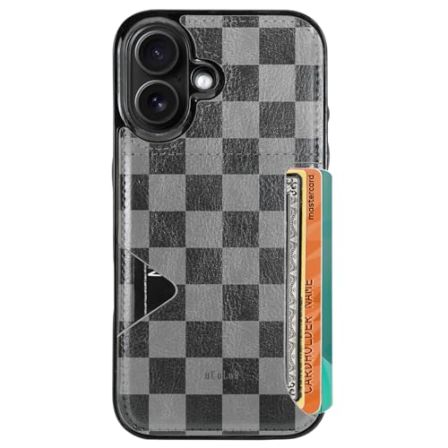 uCOLOR for iPhone 16 Case with Card Holder- Slim (Black Grey Checkered)