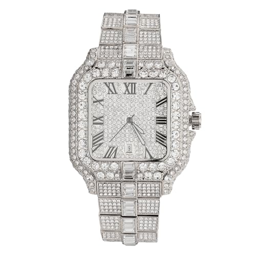 HALUKAKAH Montre pour Homme – Diamant Moissanite Iced Out – Luxe Plaqué Platine,Quartz Japonais,Cadran Carré 41MM avec Date,Fabrication Massive –...