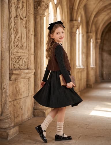 Image of Arshiner Girls Dresses Long Sleeve A Line Knit Sweater Dress with Pockets