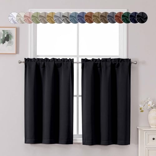 Chyhomenyc Short Black Out Curtains 36 Inch Length, Small Blackout Curtain Tier Thermal Insulated Half Window Curtains for Kitchen Basement Cabinet Camper RV Bunk, 2 PCS, Each 30' Wx36 L, Black