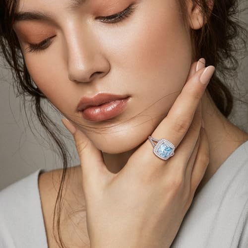 925 Sterling Silver Aquamarine Ring for Women March Birthtone Ring 3 Carat Blue Stone Cushion Cut Engagement Ring Size 10.52