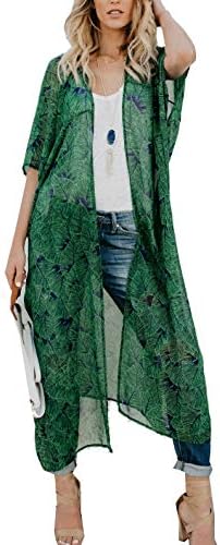 CASURESS Women's Sheer Chiffon Blouse Tops Kimono Cardigan Floral Loose Cover Ups Outwear Plus Size (X-Large, Green)