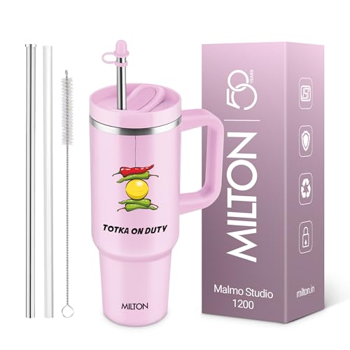 Image of MILTON Malmo 1200 Thermosteel Double Wall Vacuum Insulated Stainless Steel Tumbler with Handle 1100ml, Travel Mug with Straw,Silicon Cap,Cleaning Brush,Hot & Cold Beverage Flask,Totka Pink