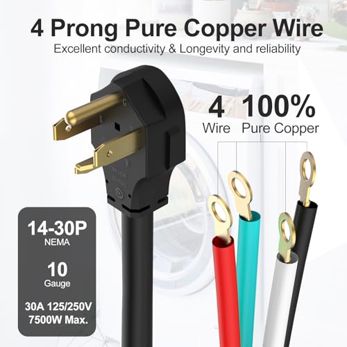 TOPDC 4 Prong Dryer Cord, 30 AMP Appliance Power Cord 10 Feet, Wires in 4 Colors with O Ring Terminal Connectors, Pure Copper Wire - Thumbnail 2