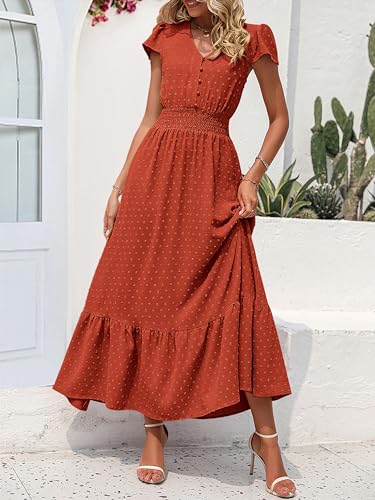 Image of PRETTYGARDEN Womens Dresses 2026 Summer Maxi Dress Boho Short Sleeve V Neck Swiss Dot Ruffle Tiered Smocked Flowy Long Dress