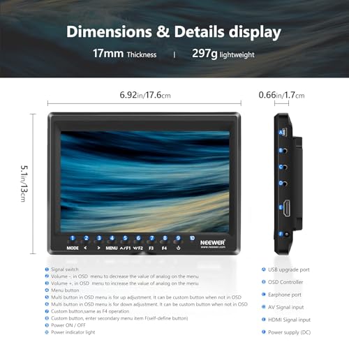 NEEWER 7Zoll Kamera Feldmonitor, HD Videoassistent IPS 1280 x 800 HDMI 1080p mit 4400mAh F750 Akku, Sonnenblende und 360° Kugelkopf für DSLR Camera, Handstabilisator, Film Video Erstellungsgerät, F100
