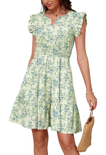 Image of Jayscreate Women's Ruffle Sleeve Layered Dress Pockets Elastic Waist 2025 V Neck Above Knee Summer Casual Cute Dress