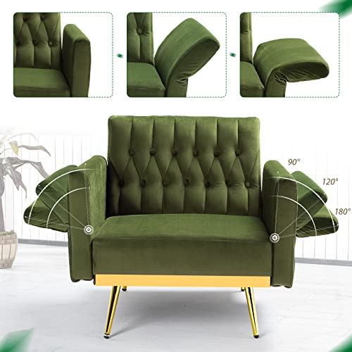 Acmease Velvet Accent Chair W/Adjustable Armrests And Backrest, Button Tufted Lounge Chair, Single Recliner Armchair With Ottoman And Pillow For Living Room, Bedroom,Olive Green #TOP5