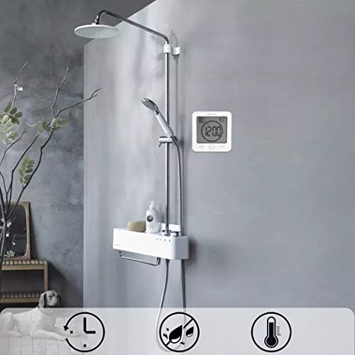 ALEENFOON Digital Badezimmeruhr Duschuhr Wasserdicht mit Saugnapf Thermometer zum Hinstellen Wand Dusche Countdown Timer Digitalwecker Batteriebetrieben Thermometer Hygrometer Innen (Weiß)