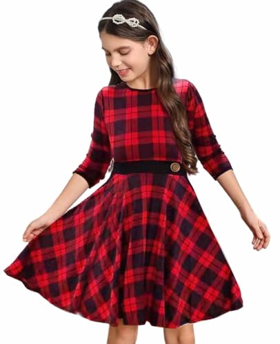 Girls Christmas Dress 3/4 Sleeve Buffalo Plaid Casual Holiday Party Twirl Dresses with Pockets,6-12 Years