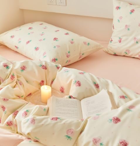 Image of Nayoroom Strawberry Duvet Cover Set Full Size Girls Cute Pink Strawberries Kawaii Comforter Cover 2 Pieces Soft Lightweight Microfiber Cream White Bedding with Zipper Closure