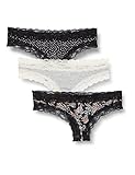 Iris & Lilly Damen Tanga-Unterwäsche Baumwolle und Spitze, 3er-Pack, Schwarz/Grau Meliert, Punkte/Palmwedelaufdruck, 38