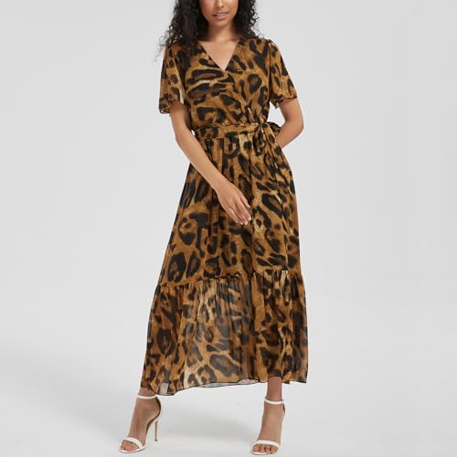 Women's Summer Bohemian Floral Chiffon Dress Cap Sleeve V Neck Ruffle Long Flowy Boho Casual Vacation Dresses2