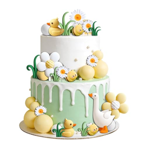 Duck Cake Decoration Set,Yellow Duck Cake Topper,Daisy Flower and Bee Toppers, Birthday Party Supplies, Green and Yellow Theme