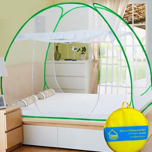 Image of VERDIOZ WITH DEVICE Foldable Mosquito Net for Double Bed, Strong 30 GSM White Net Fabric, Coated Steel Wire, with Saviours - (King Size, 200X200X145 cm Green)