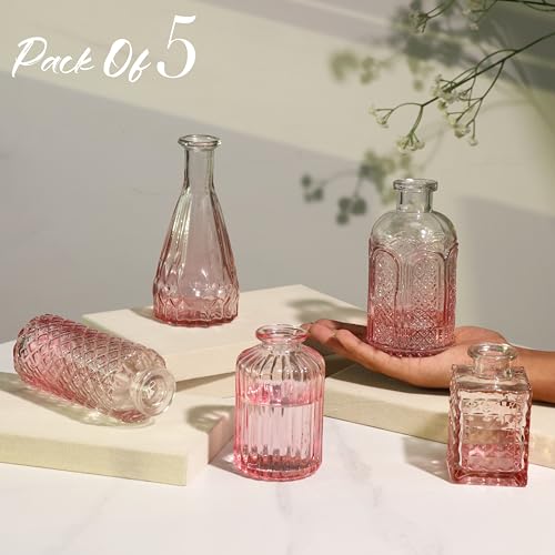 Image of Art Street Decorative Set of 5 Crystal Clear Bud Vase, Transparent Flower Glass Vase for Home Decor, Flower Pot, Wedding Decoration, Living Room, Bedroom and Office Decor(Color-Pink)