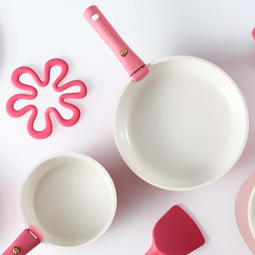 CAROTE Ceramic Pots and Pans Set Non Stick, Nonstick Kitchen Cookware Sets with Lid, Detachable Handle Sauté Pan Set, Non Toxic Frying Pan, Oven Safe, Induction Ready, Pink - Image 2