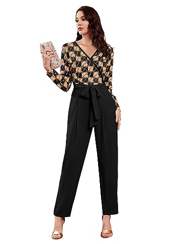 Image of LONDON BELLY Women's Polyester Semi-Formal Jumpsuit with Round Neck Half Sleeves Adjustable Waist Tie Abstract Pattern and Regular Fit | Women Stylish One Piece Outfit | Women Regular Fit Jumpsuit