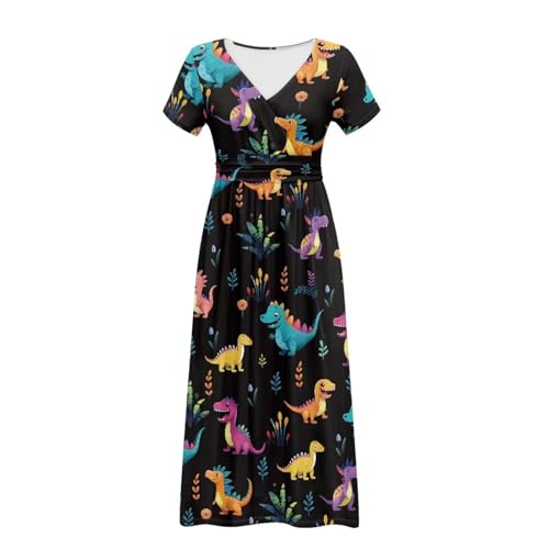 Image of Women's Fall Summer Short Sleeve Ankle Length V-Neck Party Dress with Pockets Size S-3XL