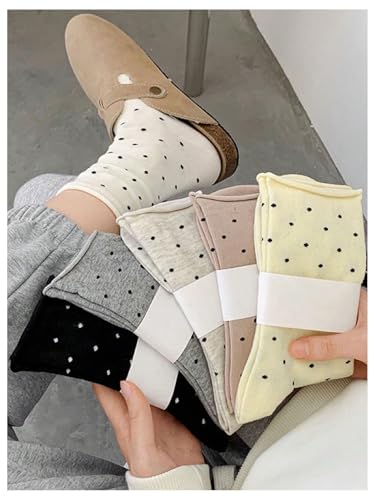 OYOANGLE Women's 5 Pairs Polka Dots Socks Roll Top Kawaii Workout Mid Calf Socks2