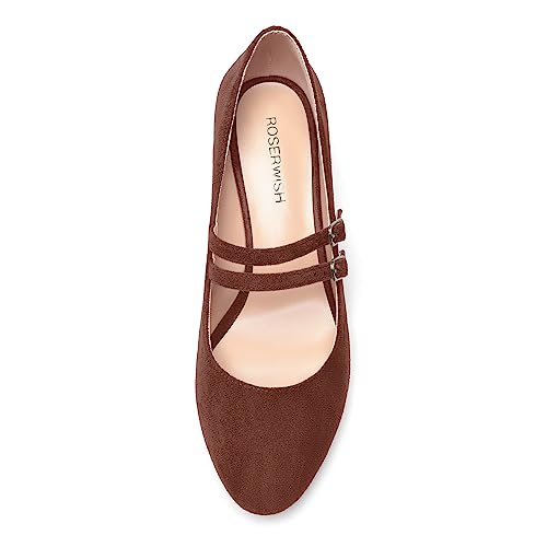 ROSERWISH Womens Comfortable Cute Round Toe Two Straps Party Suede Chunky Low Heel Pumps Dress Shoes 2 Inch3