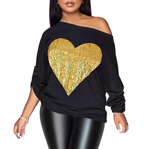 PESION Womens Off The Shoulder Tops Sexy Shiny Metallic Shirts Long Sleeves Fashion Graphic T-Shirts Blouses Black+ Gold Heart 4X-Large