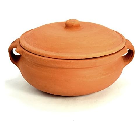 Ancient Cookware, Indian Clay Curry Pot, Medium, 8 Inch, 1.5 Quarts Terracotta Cover