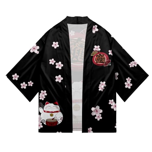 Image of LAI MENG FIVE CATS Women's Lucky Cat Cardigan Kimono Loose Cover up Casual Blouse Cute Tops