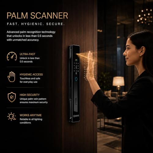 Image of Elara Apex Prime Smart Door Lock, Fingerprint, Card, App, OTP, Keys, PIN Unlock, Palm Unlock, Face Recorganisation, Alarm Alert, Bluetooth & WiFi. (Apex Prime)