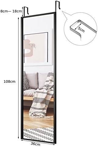 COSTWAY Over the Door Mirror, Full Length Hanging Mirrors with Adjustable Hooks, Wall Mounted Dressing Mirror for Bathroom, Bedroom and Wardrobe, 108 x 36cm (Black)
