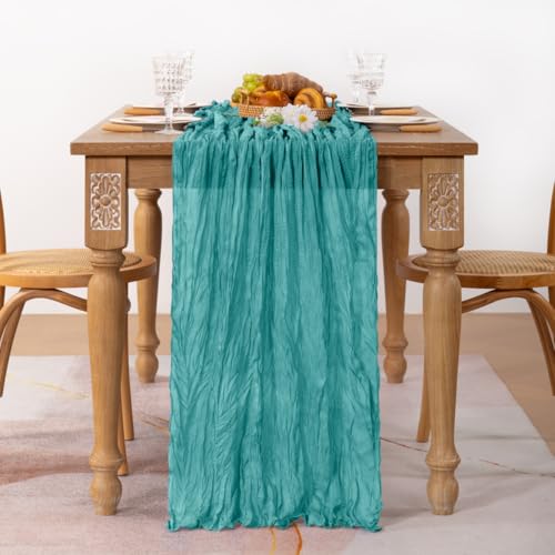 Image of MLMC Teal Table Runner 10ft Rustic Summer Cheesecloth Table Runner Gauze Cheese Cloth Centerpiece Decororations 35x120 Inches for Wedding Baby Shower Outdoor Picninc Decor