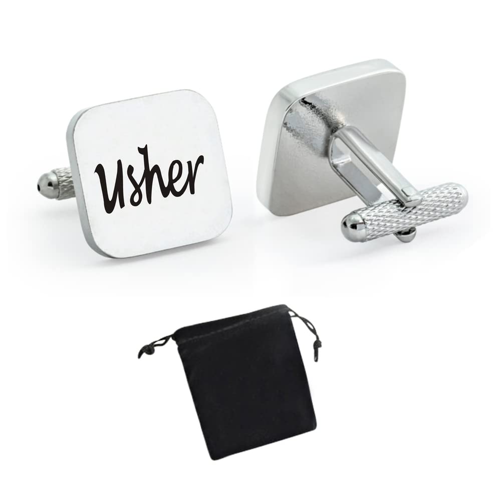 Virens Empourium Men's Silver + Black Printing Title - Cufflinks, Square Silver Wedding Cuff Links, Smart And Elegant Look, Best Man, Groom, Usher, Page Boy, Dad, Brother, And More Cufflink Titles (Usher)