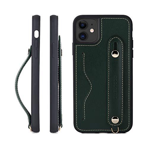 HANATORA IPhone 11ProMax グリップケース レザー 本革 ストラップ付属 イタリア製牛革 ヌメ革 片手操作 カード収納 スタンド機能 メンズ レディース グリーン CGH-11ProMax-Green