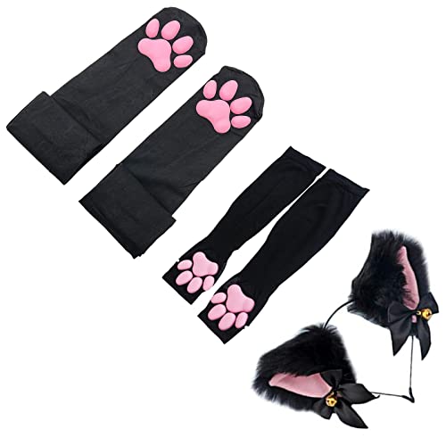 ZTVOWTO Süße Katze Paw Pad Oberschenkel Hohe Cosplay Socken mit rosa 3D Kitten Claw Fäustlingen Lange fingerlose Handschuhe und Fuchsohr Stirnband für Mädchen Frauen (Schwarz-3)