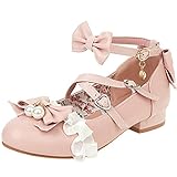 LUXMAX Women Cosplay Pumps Low Heel Mary Janes Ankle Strap Flats Pumps with Bow, Size 11.5 M US,Pink
