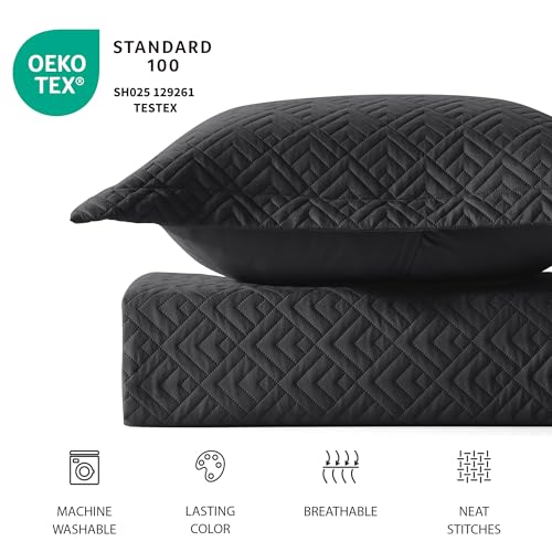 EXQ Home Quilt Set King Size Black 3 Piece,Lightweight Soft Coverlet Modern Style Squares Pattern Bedspread Set for All Season(1 Quilt,2 Pillow Shams)